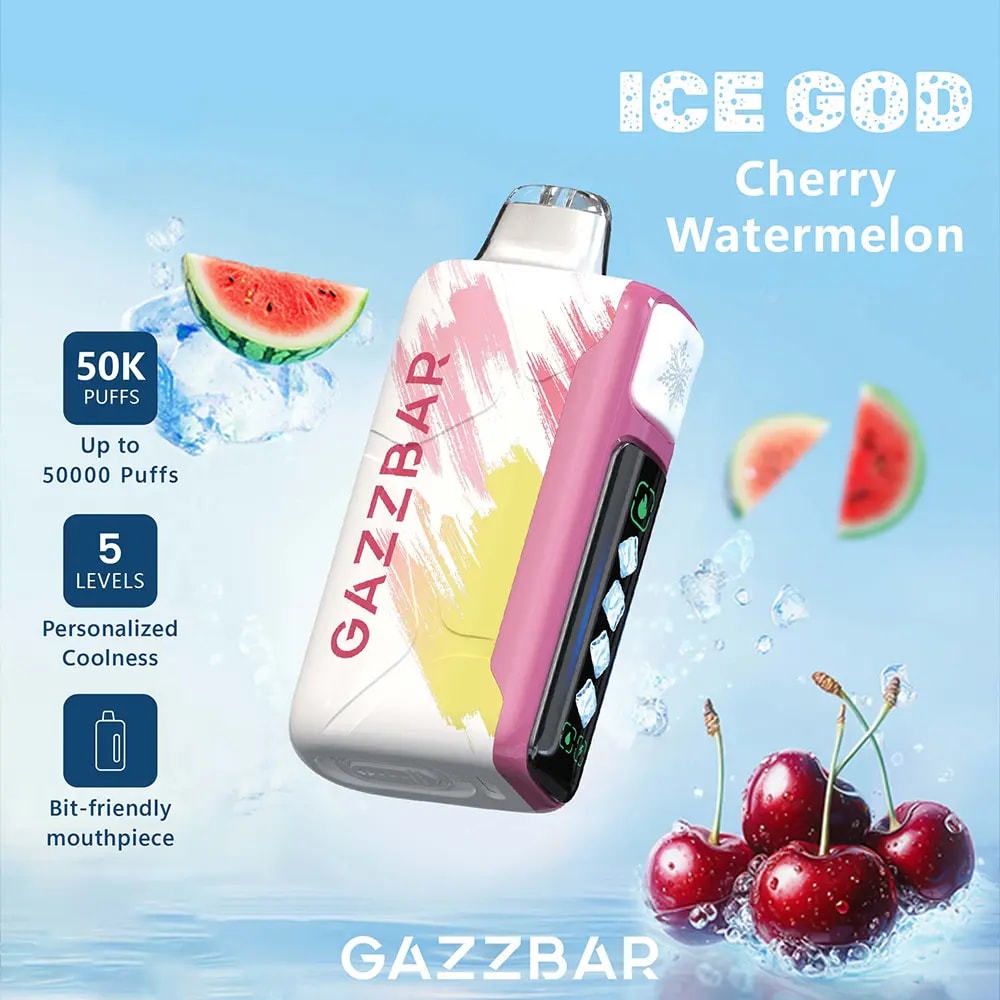 Der Gazzbar Ice God 50000 Puffs Vape liefert bis zu 50.000 Züge mit 5% Nikotin, Triple Mesh Coil, einstellbarer Eismenge, Luftstrom und Leistung. Mit LED-Display, Typ-C-Ladefunktion und 20 einzigartigen Geschmacksrichtungen.
