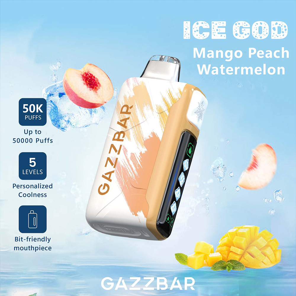 Der Gazzbar Ice God 50000 Puffs Vape liefert bis zu 50.000 Züge mit 5% Nikotin, Triple Mesh Coil, einstellbarer Eismenge, Luftstrom und Leistung. Mit LED-Display, Typ-C-Ladefunktion und 20 einzigartigen Geschmacksrichtungen.