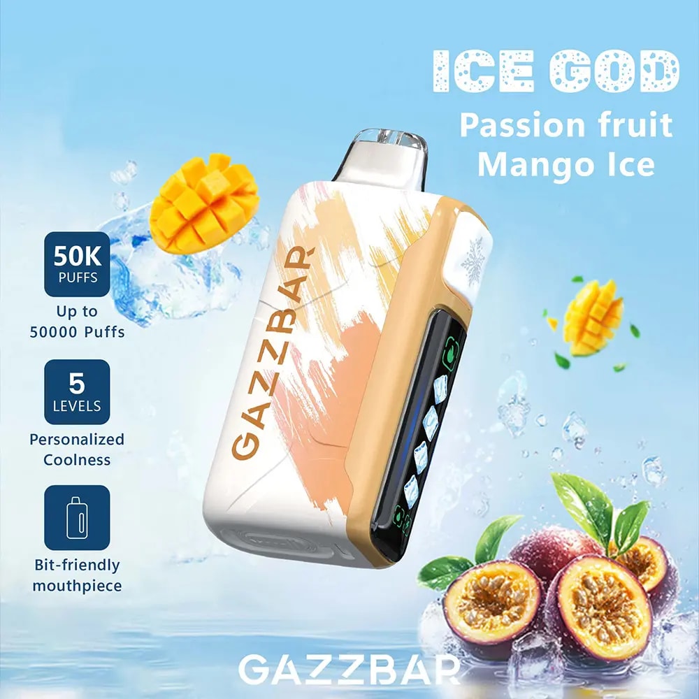 Der Gazzbar Ice God 50000 Puffs Vape liefert bis zu 50.000 Züge mit 5% Nikotin, Triple Mesh Coil, einstellbarer Eismenge, Luftstrom und Leistung. Mit LED-Display, Typ-C-Ladefunktion und 20 einzigartigen Geschmacksrichtungen.