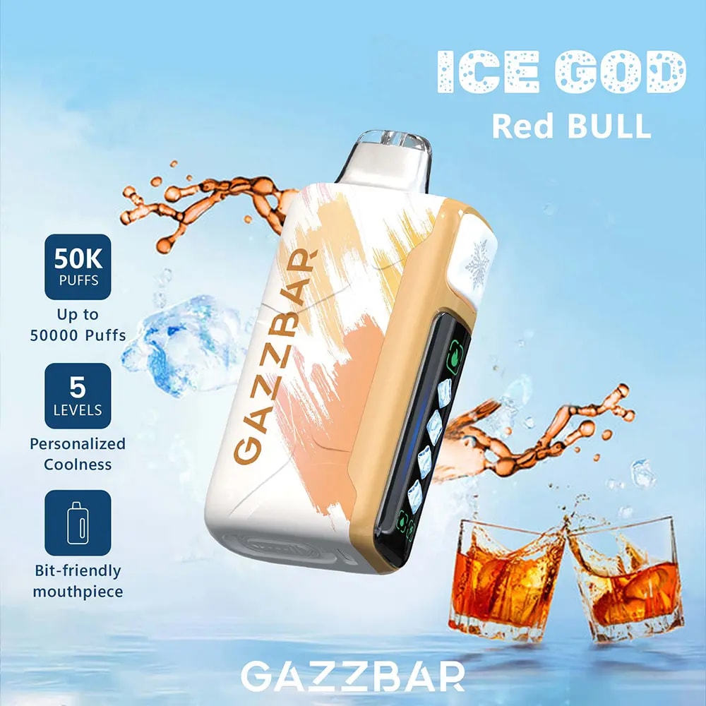 Der Gazzbar Ice God 50000 Puffs Vape liefert bis zu 50.000 Züge mit 5% Nikotin, Triple Mesh Coil, einstellbarer Eismenge, Luftstrom und Leistung. Mit LED-Display, Typ-C-Ladefunktion und 20 einzigartigen Geschmacksrichtungen.