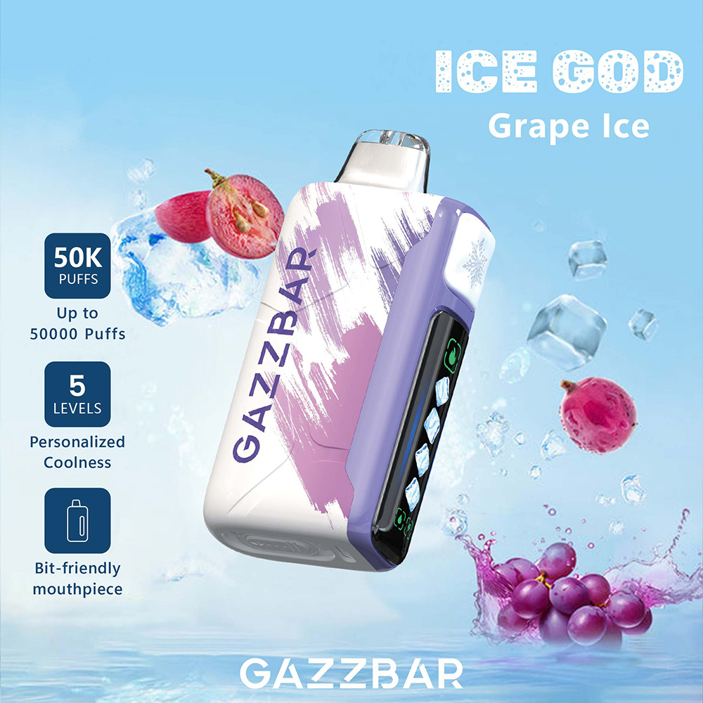 Der Gazzbar Ice God 50000 Puffs Vape liefert bis zu 50.000 Züge mit 5% Nikotin, Triple Mesh Coil, einstellbarer Eismenge, Luftstrom und Leistung. Mit LED-Display, Typ-C-Ladefunktion und 20 einzigartigen Geschmacksrichtungen.