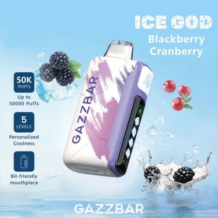 Gazzbar Ice God 50 000 bloss ger upp till 50 000 bloss med 5% nikotin, trippel mesh-coil, justerbar is, luftflöde och effekt. Har LED-display, typ-C-laddning och 20 unika smaker.