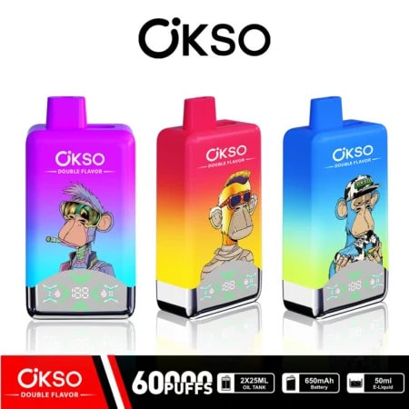 OKSO Double Flavor 60000 Puffs Vape features 50mL e-liquid, dual mesh coils, double flavor system, LED screen, Type-C charging, and 2% / 3% / 5% nicotine options.