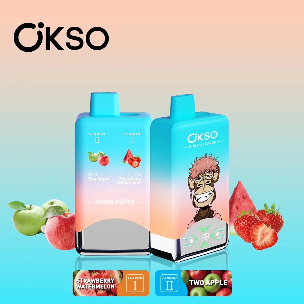 OKSO Double Flavor 60000 Puffs Vape features 50mL e-liquid, dual mesh coils, double flavor system, LED screen, Type-C charging, and 2% / 3% / 5% nicotine options.