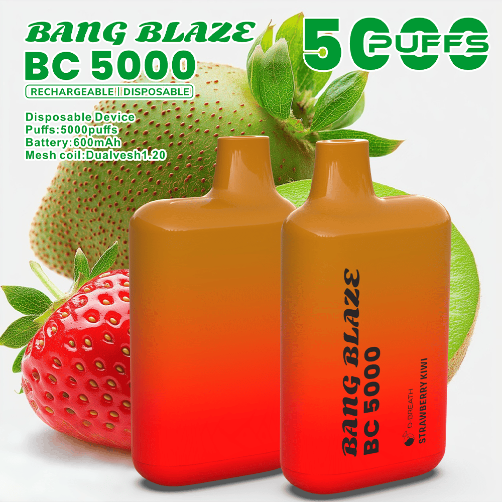Two orange gradient Bang Blaze BC 5000 disposable vape devices, strawberry kiwi flavor, shown with large strawberries and kiwifruit in the background.