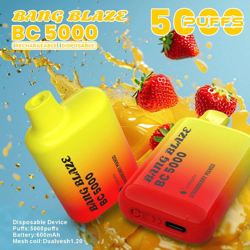Two Bang Blaze BC 5000 disposable vape devices with yellow-to-red gradients lean against a blue background, showing the BC 5000 label and strawberry mango flavor, with juice splashes and fresh strawberries in the scene.