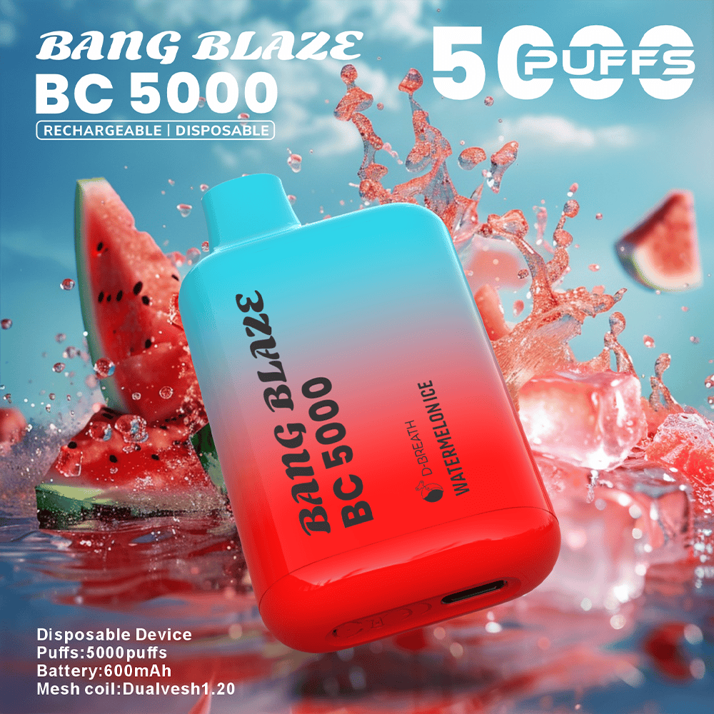 Bang Blaze BC5000 disposable vape with a blue-to-red gradient, angled amid watermelon slices and splashing water, highlighting 5000 puffs and its rechargeable/disposable design.
