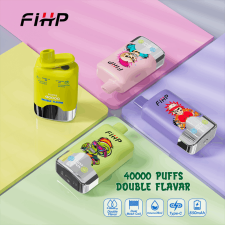 Fyra FIHP-disponibla vape-enheter med färgglada tecknade klistermärken sitter på pastellpaneler, annonserar 40 000 puffar och dubbel smak, med ikoner för dubbel smak, dubbel mesh-spole, 36 ml volym, typ-C och 850 mAh.