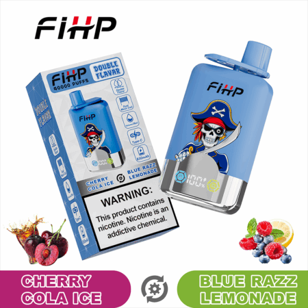 Blue Vape-enhet med ett piratskalle-konstverk bredvid en matchande blå flaska och Fihp-märkeslåda, med Cherry Cola Ice och Blue Razz Lemonade smaker och bärillustrationer, med en nikotinvarning.