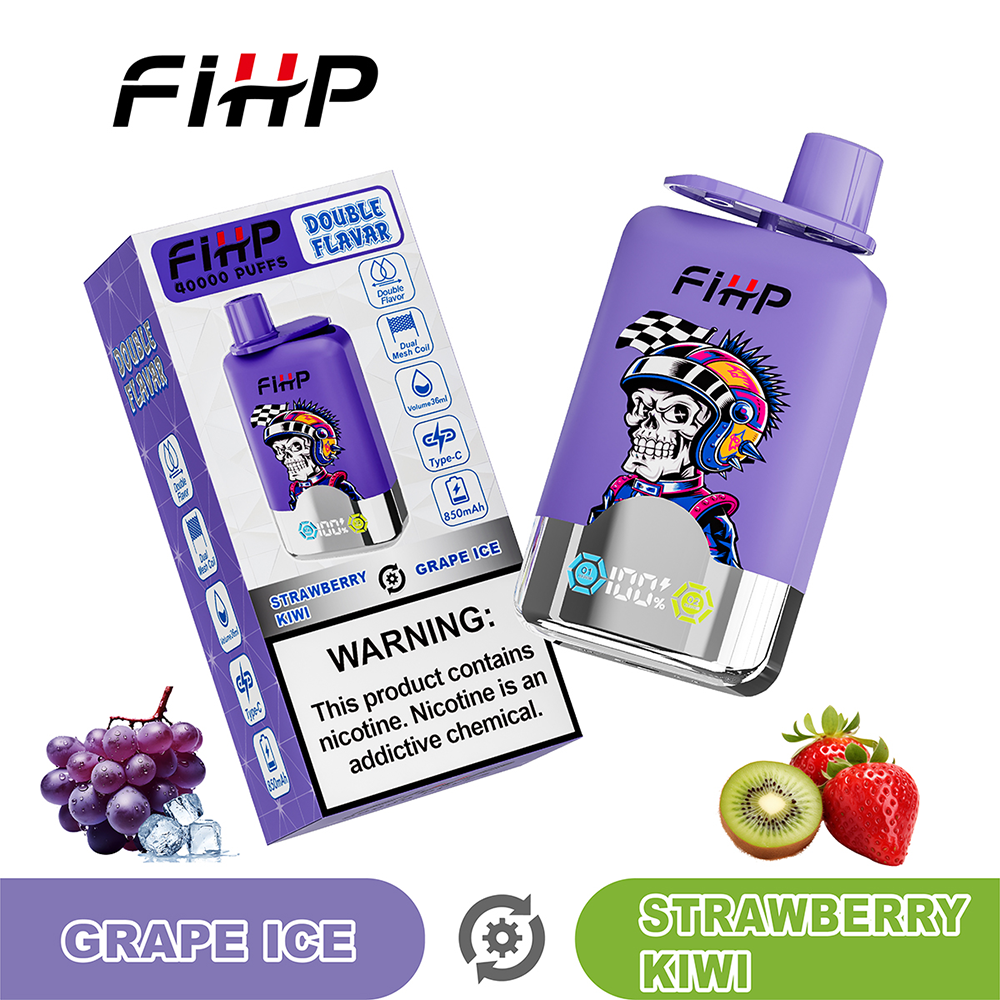 Purple FiHP vape device with skull artwork and its matching box labeled Double Flavor, displayed alongside grape ice and strawberry kiwi flavor badges, a nicotine warning, and images of grapes, kiwis, and strawberries.