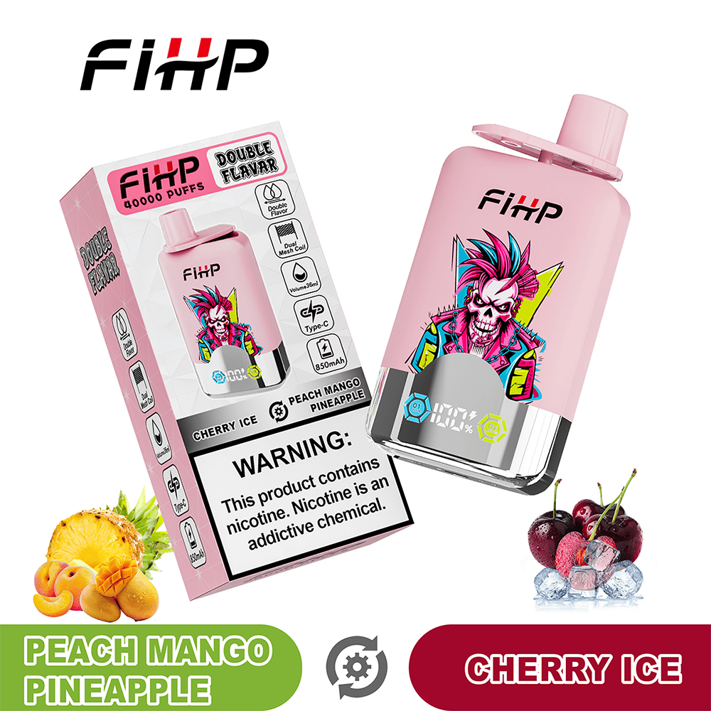 Pink disposable vape device with a vibrant skull artwork and FiHP logo, shown with its pink packaging that says Double Flavor and lists Peach Mango Pineapple and Cherry Ice flavors, surrounded by images of peach, mango, pineapple and cherries with a warning label on the box.