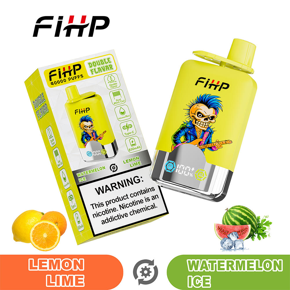 Bright FiHP vape promo showing a yellow disposable bottle with a punk cartoon figure, a matching FiHP box with a nicotine warning, sliced lemons and an orange, a small watermelon with ice cubes, and two flavor banners reading Lemon Lime and Watermelon Ice.