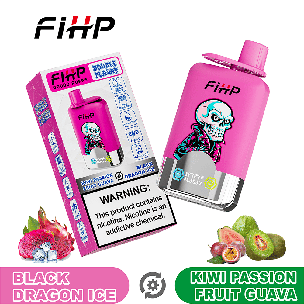 Pink vape device with a skull graphic stands beside its pink FiHP-branded packaging, highlighting flavors Black Dragon Ice and Kiwi Passion Fruit Guava, a nicotine warning, and surrounded by images of dragon fruit, kiwi, passion fruit, and guava.