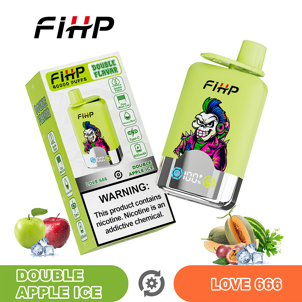 Neon lime-green FiHP vape pod device with a cartoon skull and FiHP logo, shown next to its matching Double Apple Ice packaging, with fruit illustrations and a prominent nicotine warning label.