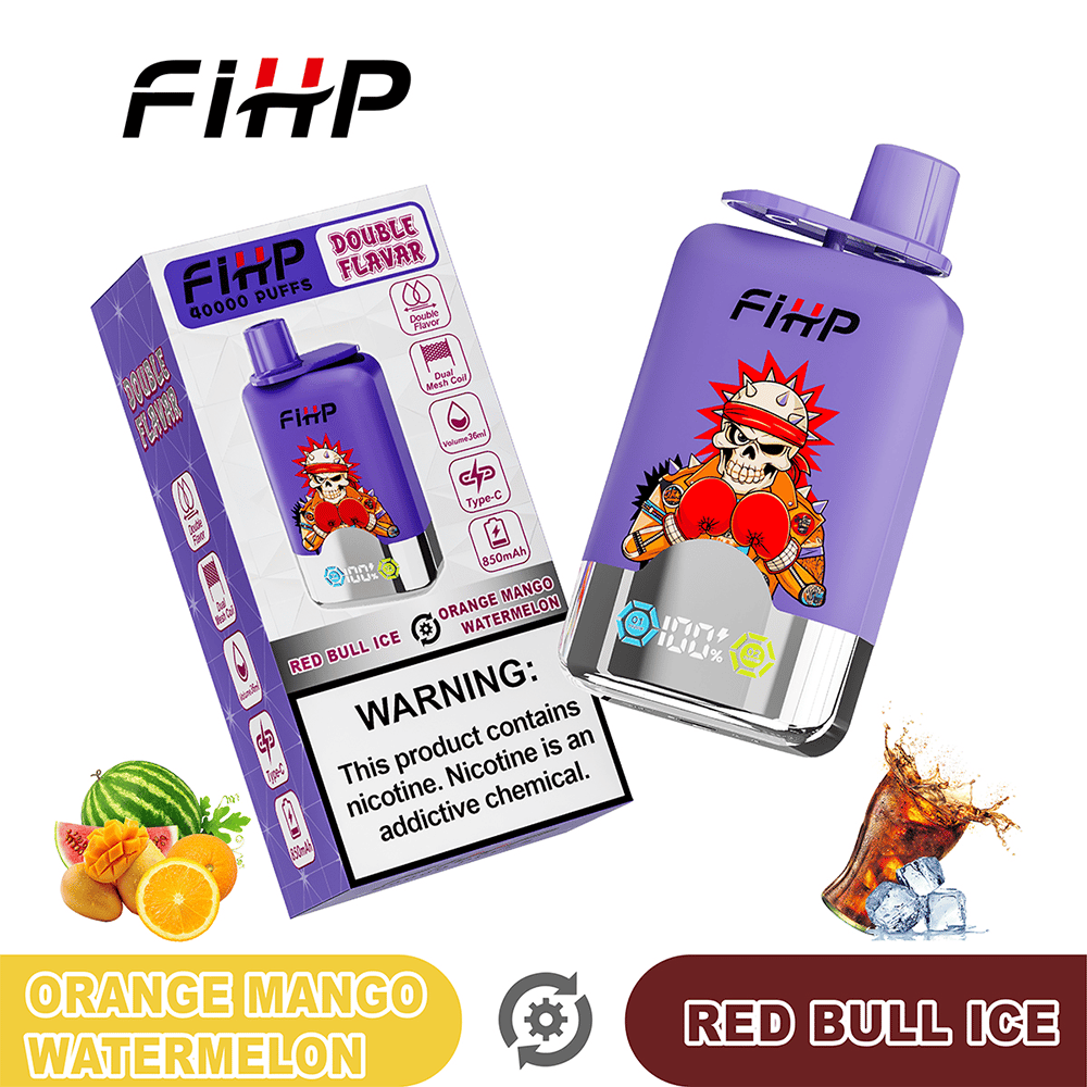 A purple FiHP vape device with a cartoon boxing skull on it, shown beside its matching purple box labeled Double Flavor, with fruit icons (orange, mango, watermelon) and a nicotine warning, and flavor names Orange Mango Watermelon and Red Bull Ice.