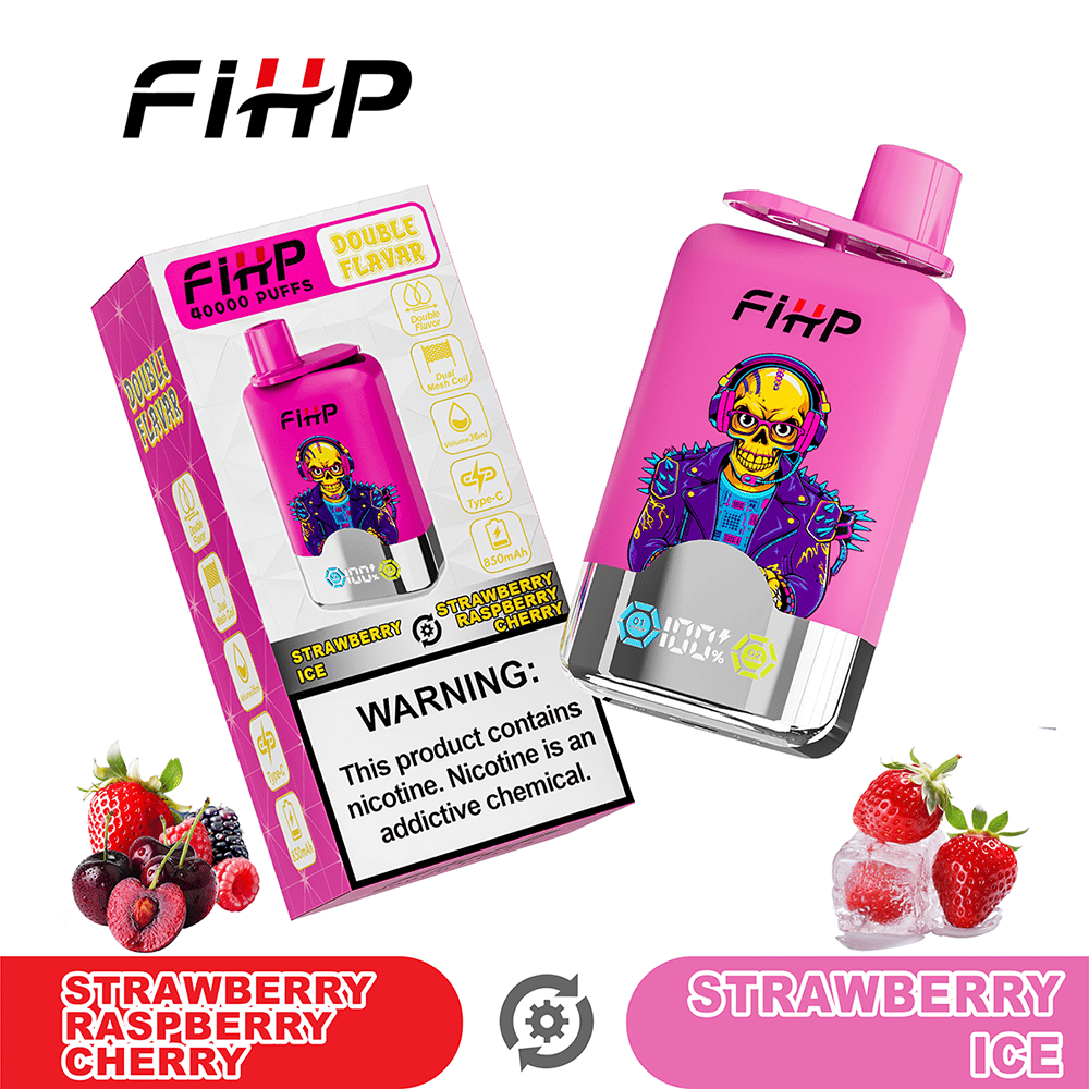 Bright pink FiHP vape device and its packaging, both with bold artwork and the FiHP logo; a nicotine warning is visible on the box, with strawberries decorating the corners.