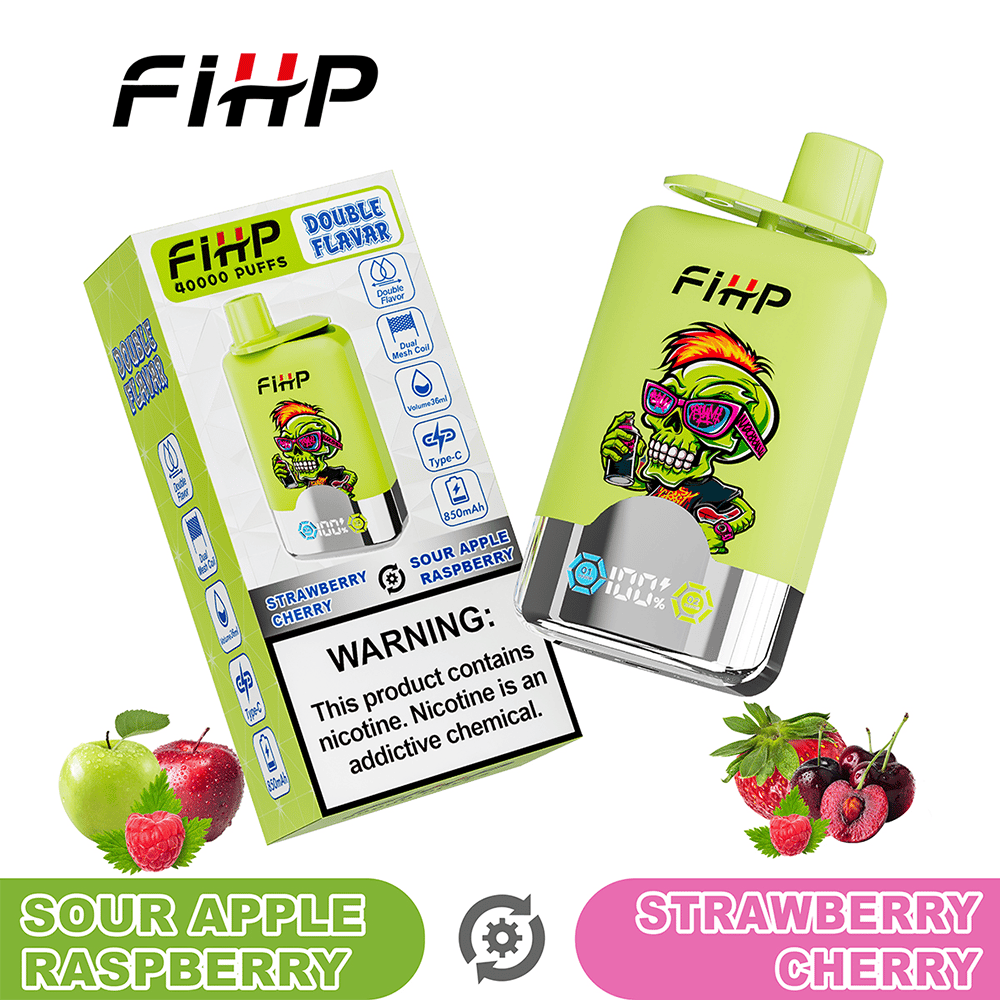 Bright lime-green FiHP disposable vape with a colorful skull wearing sunglasses on its body, shown beside its packaging labeled FiHP Double Flavor and flavor options Sour Apple Raspberry and Strawberry Cherry, with apples and berries pictured around.