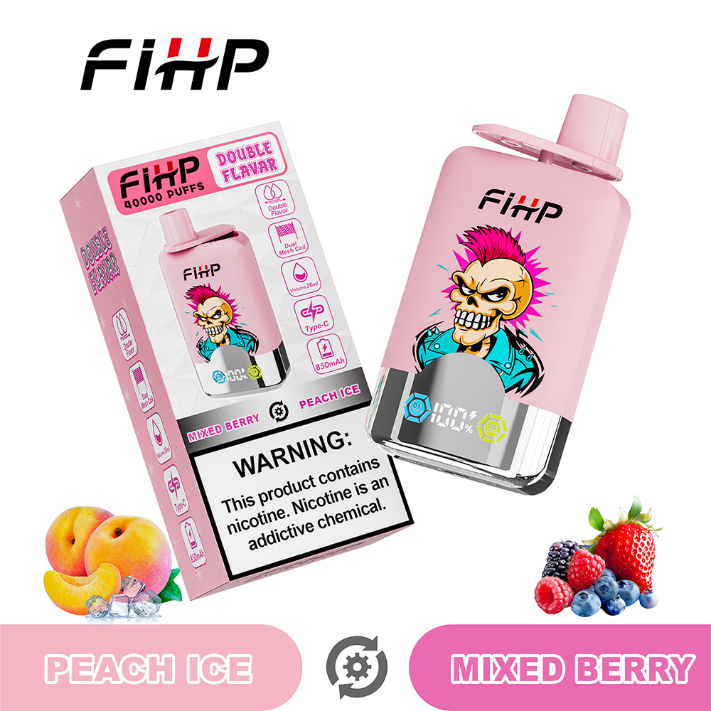 Pink FiHP disposable vape device with a skull mascot sits beside its matching pink box, both featuring flavor labels Peach Ice and Mixed Berry, a nicotine warning, and fruit imagery of peaches and berries.