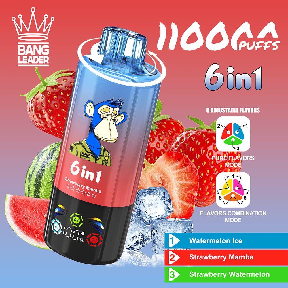 A promotional poster for Bang Leader's 6in1 disposable vape showing a blue and black cylindrical device with a monkey logo, surrounded by strawberries and watermelon, with ice cubes and a red-to-blue gradient background reading 11000 puffs and flavor lineup including Watermelon Ice, Strawberry Mamba, and Strawberry Watermelon.