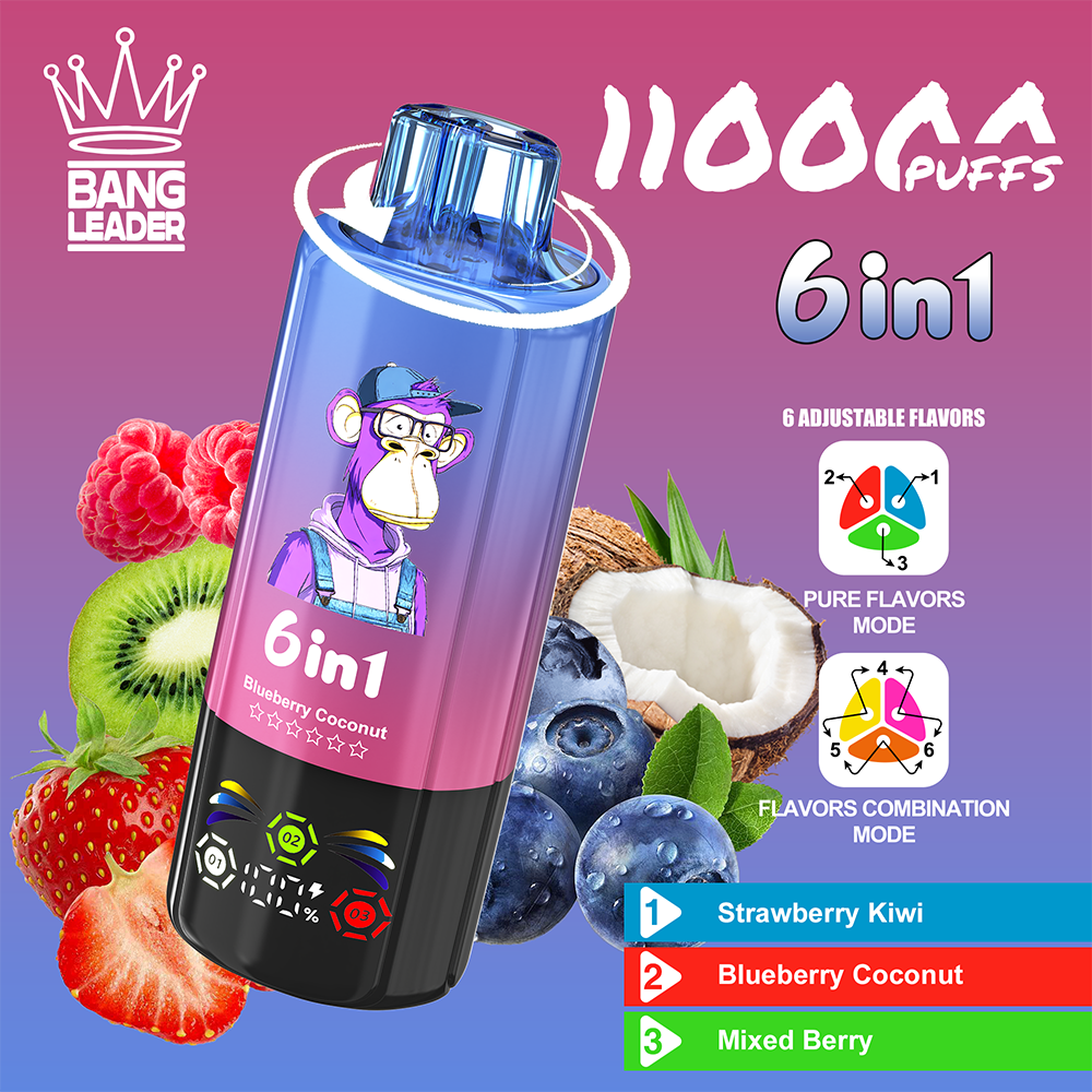 Bang Leader 6in1 flavor device with a gradient purple‑blue bottle featuring a cartoon monkey on the label, surrounded by raspberries, kiwi, coconut and blueberries, displaying the 6in1 branding and icons for Pure Flavors Mode and Flavors Combination Mode, and a side flavor list reading Strawberry Kiwi, Blueberry Coconut, and Mixed Berry.