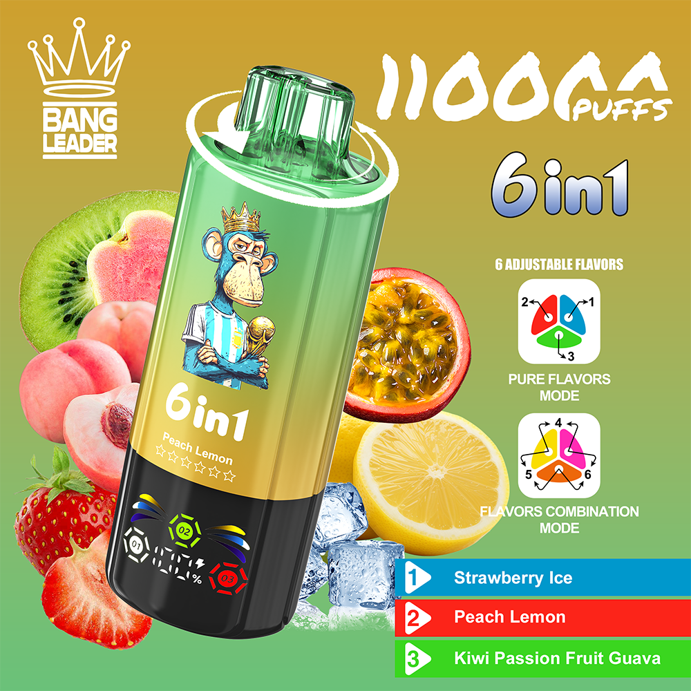 Bright advertisement for a green 6in1 vape device with a crowned monkey logo, surrounded by slices of kiwi, peach, strawberry, lemon and passion fruit, promoting six adjustable flavors and modes such as Pure Flavors and Flavor Combination, with flavor options including Strawberry Ice, Peach Lemon and Kiwi Passion Fruit Guava.