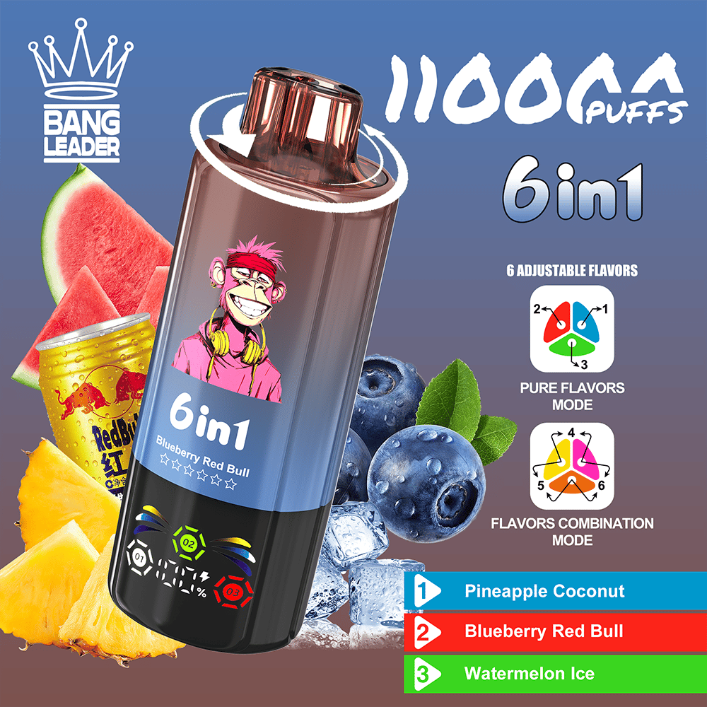 Angled vape device labeled 6in1 sits against a colorful fruit background, highlighting Pineapple Coconut, Blueberry Red Bull, and Watermelon Ice flavors with icons for Pure Flavors Mode and Flavors Combination Mode.