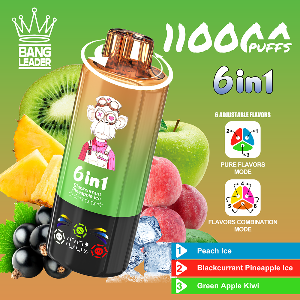 Bright green gradient advertisement for Bang Leader 6in1 Puff showcasing a tilted translucent vape bottle labeled 6in1 Blackcurrant Pineapple Ice with a cartoon monkey on the bottle, surrounded by kiwi, pineapple, apples and grapes, and featuring flavor mode icons with the flavor list Peach Ice, Blackcurrant Pineapple Ice, and Green Apple Kiwi.
