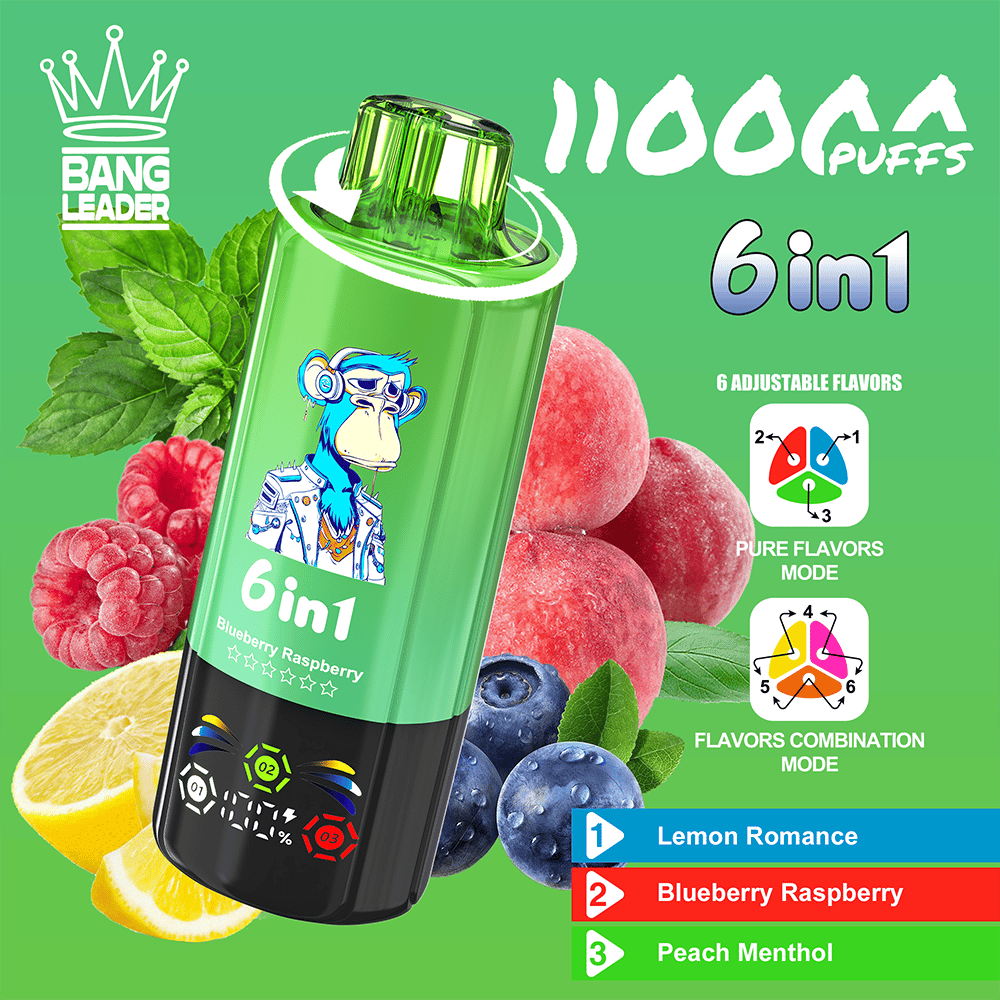 Green Bang Leader 6in1 vape device with a cartoon monkey logo, set among lemons, raspberries, blueberries and peaches, advertising six adjustable flavors and two flavor modes (Pure Flavors and Flavors Combination).