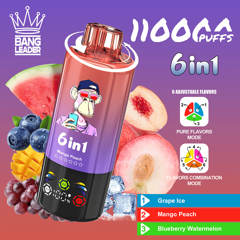 Vibrant purple Bang Leader 6in1 vape packaging with a bottle illustration and a cartoon monkey, featuring Mango Peach flavor amid fruit imagery (watermelon, peaches, blueberries, grapes) and icons indicating six adjustable flavors, including Grape Ice, Mango Peach, and Blueberry Watermelon.