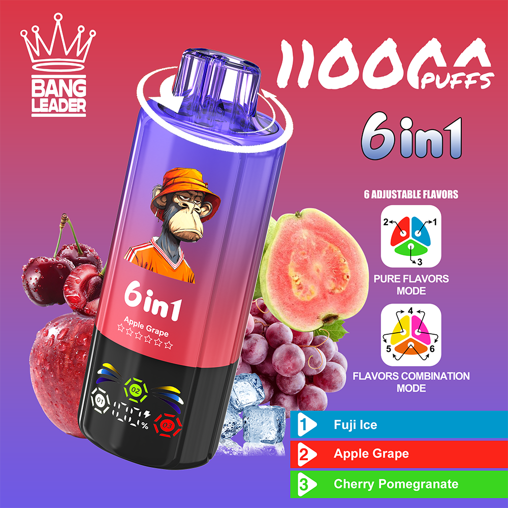 Bright gradient advertisement featuring a large tilted purple 6in1 vape bottle surrounded by cherries, grapes, and a watermelon slice, with icons for Pure Flavors Mode and Flavors Combination Mode and a flavor list: Fuji Ice, Apple Grape, Cherry Pomegranate.