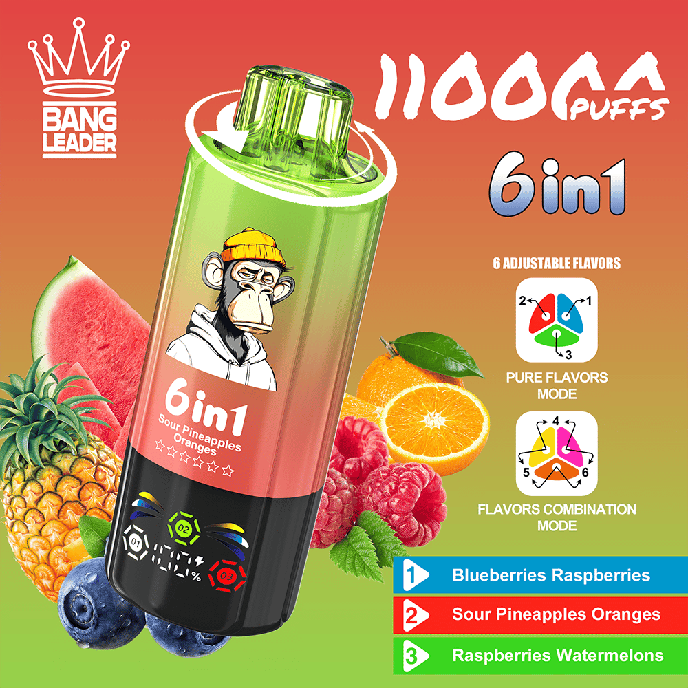 Bright gradient advertisement for Bang Leader 6in1 vape featuring a tilted green-and-black bottle with a monkey logo and '6in1' label, surrounded by watermelon, pineapple, berries, and oranges, with icons noting six adjustable flavors and flavor modes.