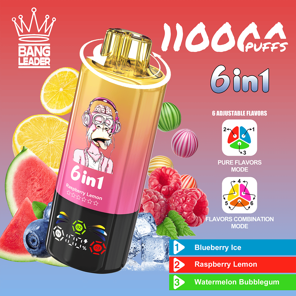 Diagonal view of a gradient pink-to-yellow six-in-one vape device with a gold top and a label showing a cartoon monkey wearing headphones, surrounded by fruit such as lemons, watermelon, raspberries and blueberries, advertising flavors Blueberry Ice, Raspberry Lemon, and Watermelon Bubblegum.