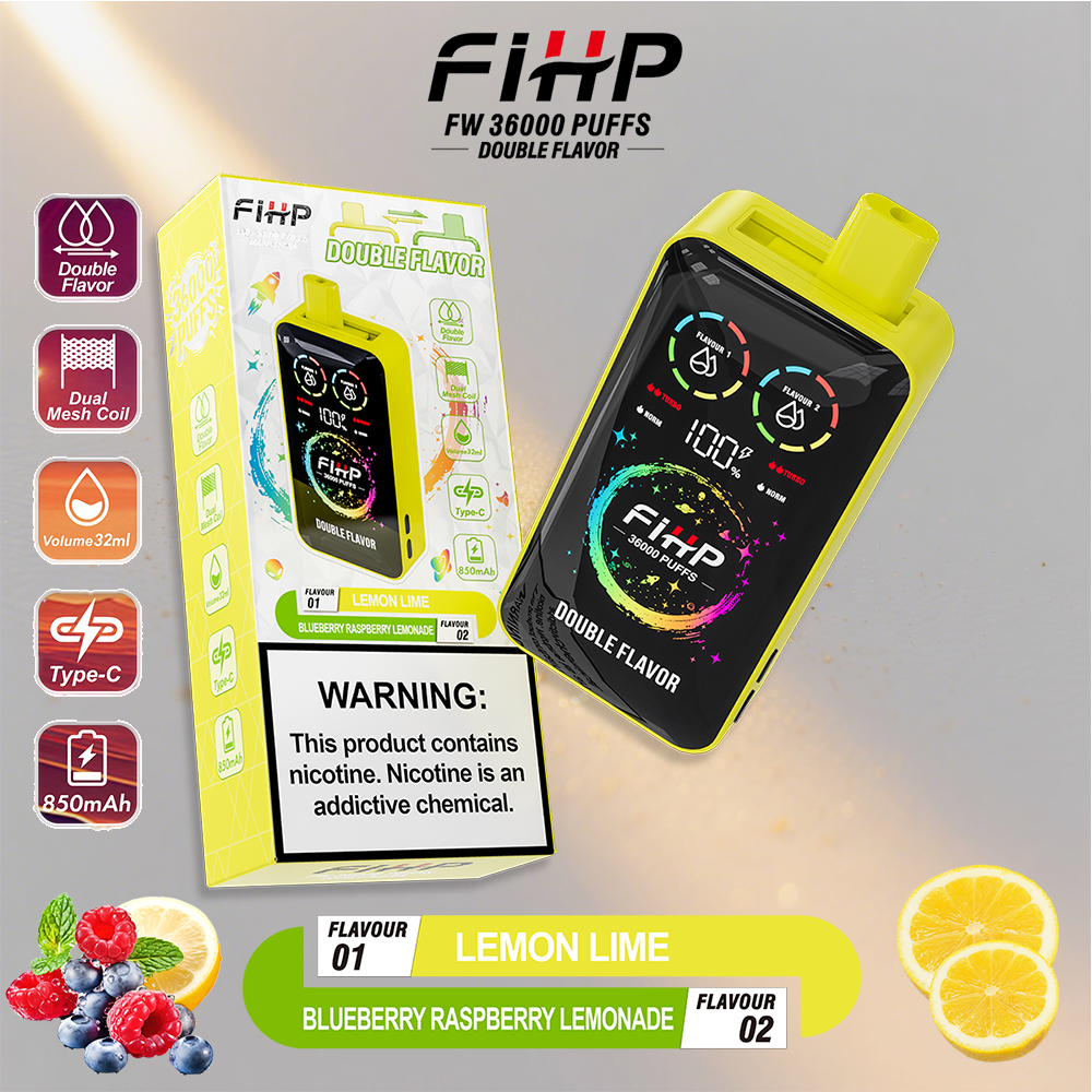 FIHP FIHP de marco amarillo FW 36000 bocanadas de doble sabor al vapor desechable con una pantalla negra, que se muestra con sus etiquetas de envasado y sabor de limonada de limón y arándano limonada de frambuesa, contra obras de arte con temática de cítricos.
