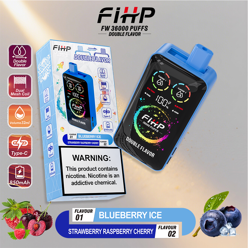 Dispositivo de vape de doble sabor FIHP FW 36000 con una boquilla azul y un cuerpo negro, que se muestra junto a su empaque etiquetado con doble sabor y hielo de arándano, rodeado de imágenes de bayas e íconos del lado izquierdo que resaltan la bobina de malla dual, 32 ml de volumen, tipo C y 850 mAh.
