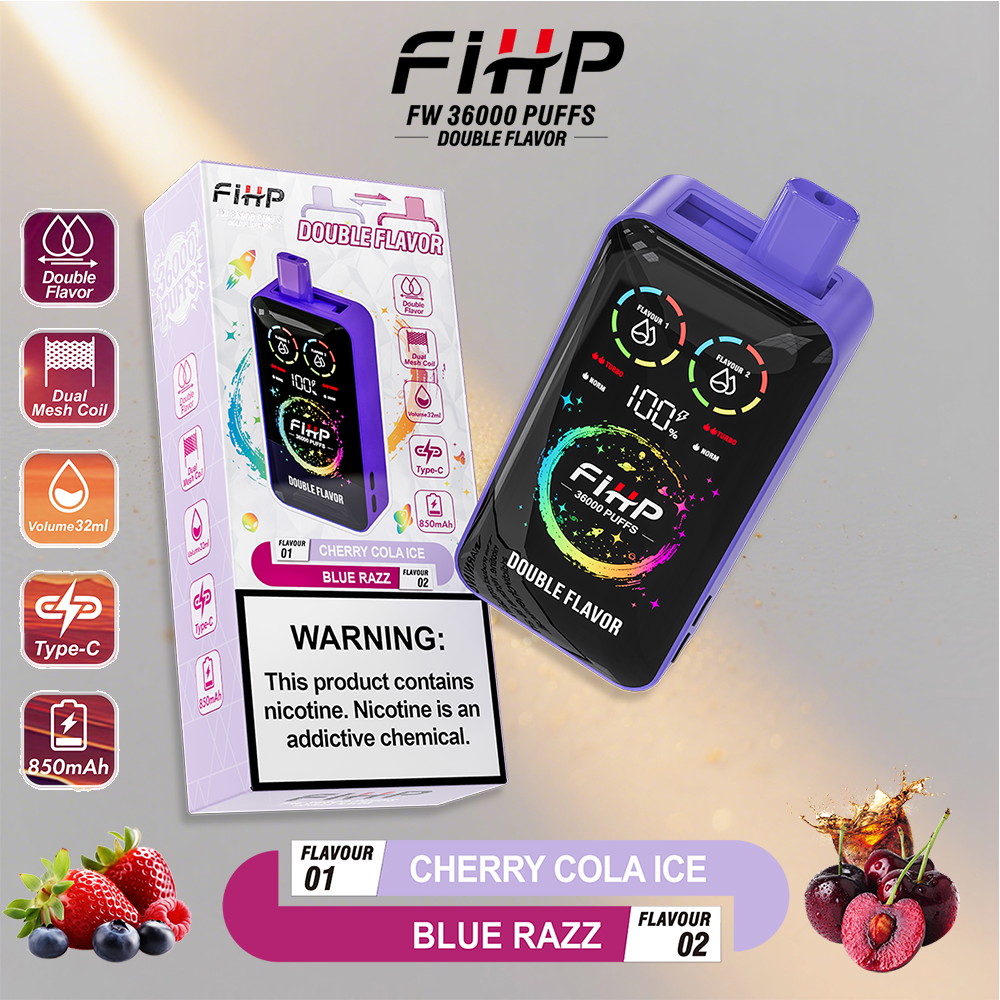 Dispositivo de vape rectangular púrpura con una boquilla púrpura y una gran pantalla táctil que muestra dos indicadores coloridos se sienta junto a su caja minorista blanca etiquetada como un doble sabor y 36000 bocanadas, anuncios de hielo de cereza y sabores azules de arzada, con imágenes de bayas y una advertencia de nicotina.