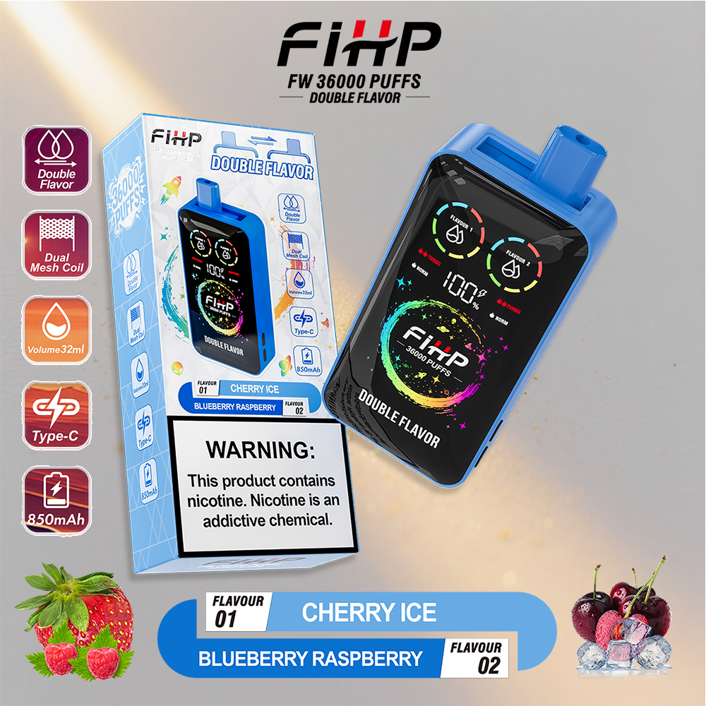 FIHP FW 36000 bocanadas de doble sabor que se muestra con un dispositivo azul y negro al lado de su empaque, resaltando sabores de frambuesa con hielo de cereza y arándanos y con iconos para bobina de malla dual, volumen de 32 ml, tipo C y 850 mAh, con fresa y berries mixtas en el fondo.