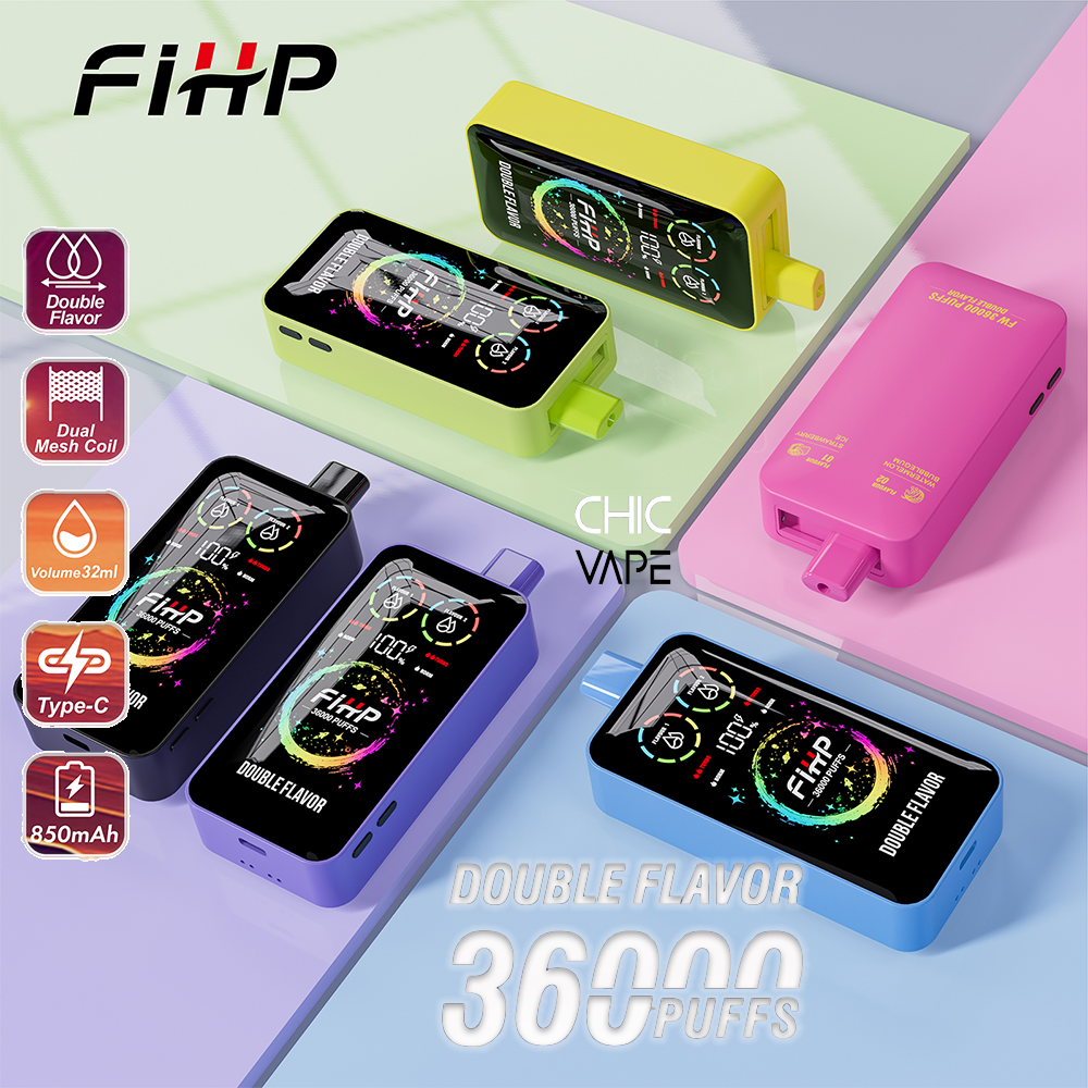 Una colorida exhibición de dispositivos de vape FIHP Chic en amarillo, verde lima, rosa, púrpura y azul con pantallas digitales que muestran medidores circulares, dispuestos en bloques geométricos pastel;