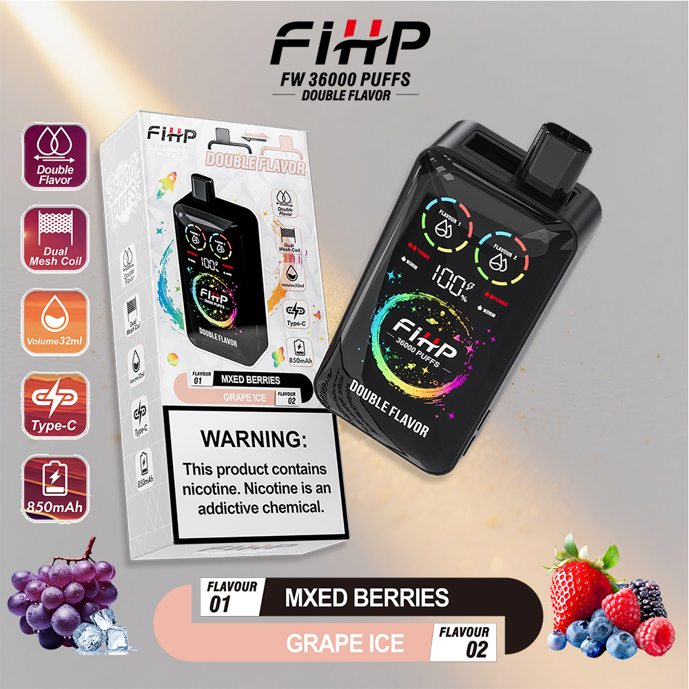 Un dispositivo de vape FIHP negro con una colorida pantalla de calibre circular se encuentra junto a su caja minorista blanca, flanqueado por íconos de características verticales (doble sabor, bobina de malla dual, volumen 32 ml, tipo C, 850mAh) y etiquetas de sabor que leen bayas mixtas y hielo de uva con uva y gráficos de berry.