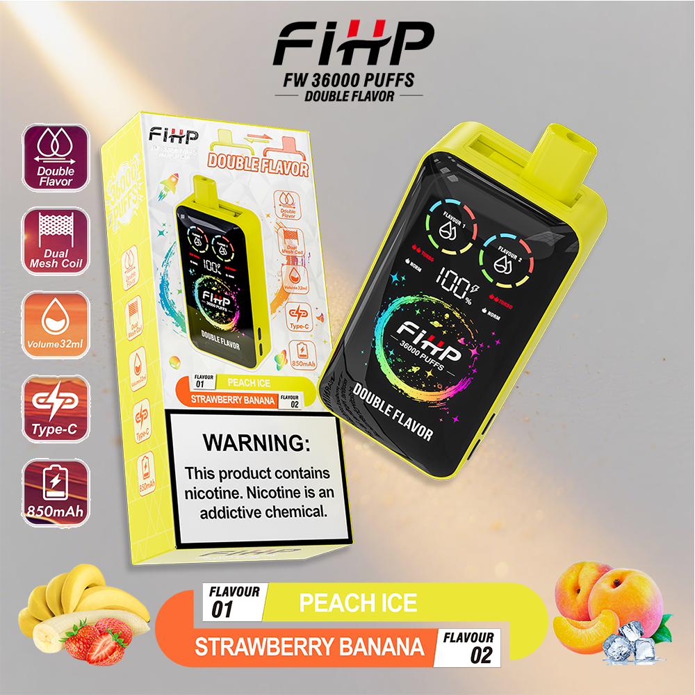Imagen promocional de un Vape de Vape Dispuesto FIHP FW 36000 Puffs doble sabor, con un dispositivo amarillo y negro junto a sus pancartas de envasado y sabor para el hielo de durazno y plátano de fresa, con una advertencia de nicotina.