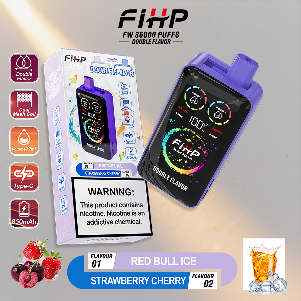 FIHP Vape desechable con una boquilla púrpura y una pantalla negra que muestra indicadores coloridos se sienta junto a su empaque, destacando el doble sabor y los sabores de cereza de hielo y fresa Red Bull, con una advertencia de nicotina e imágenes de bayas y hielo.