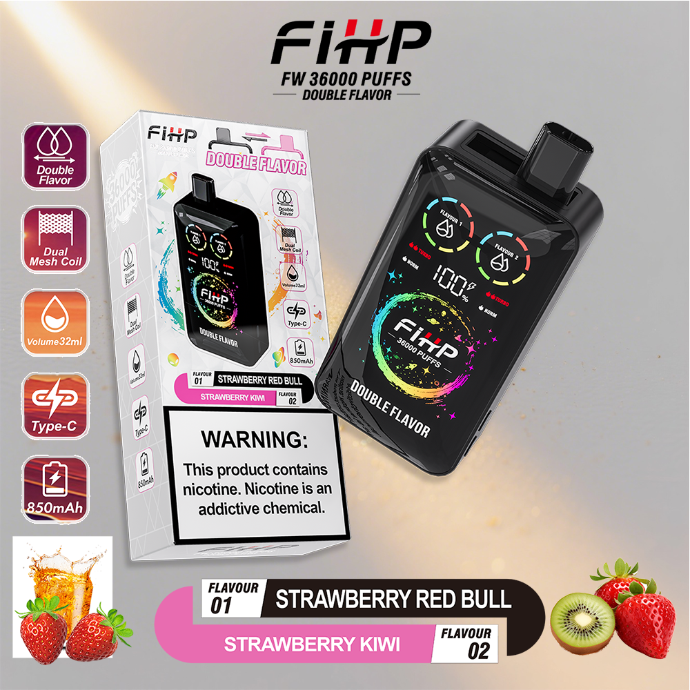 Kit de vapor de doble sabor FIHP 36000-Puffs con una vaina negra brillante con coloridos indicadores circulares, que se muestran junto a su paquete blanco etiquetado con doble sabor, con líneas de sabor Red Bull y Strawberry Kiwi y acompañamiento de imágenes de fresa y kiwi, y una batería de cargos de Strawi, y una batería de mares a la izquierda, y un volumen de cargos de mares a la izquierda, y una batería de cargos de forma izquierda, y una batería de cargos de mares izquierdos, y una batería de cargos de mares a la izquierda, y una batería de cargos de mares izquierdos, y una batería de cargos de forma izquierda, y una batería de carección de la izquierda, y un volumen de cargos de forma de 2-C, y un volumen de carga de 32 cárter con el tipo izquierdo, y una batería de cargos de forma izquierda, y un rumbo de la marea.