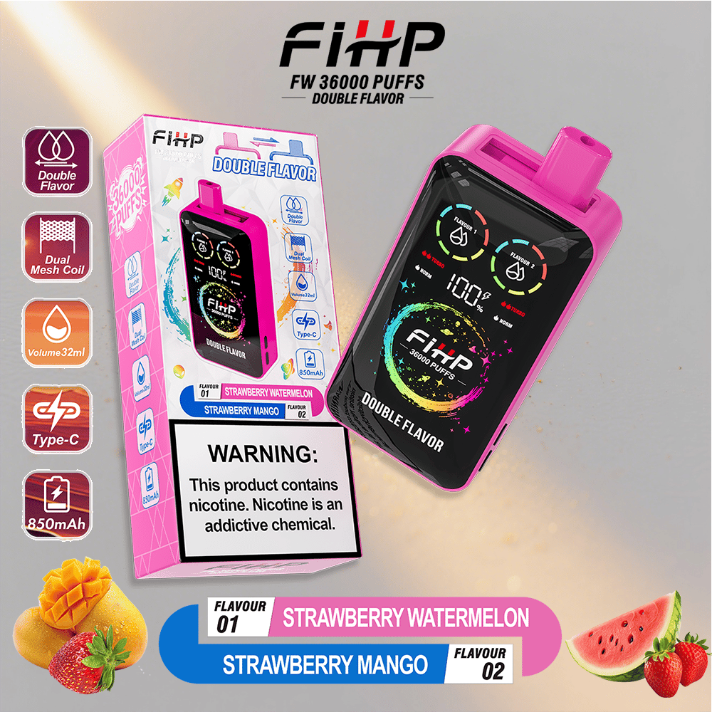 Dispositivo de vape FIHP rosado con una gran pantalla colorida etiquetada con doble sabor se encuentra al lado de su empaque, rodeado de imágenes de frutas y pancartas de sabor que leen sandía de fresa y mango de fresa.