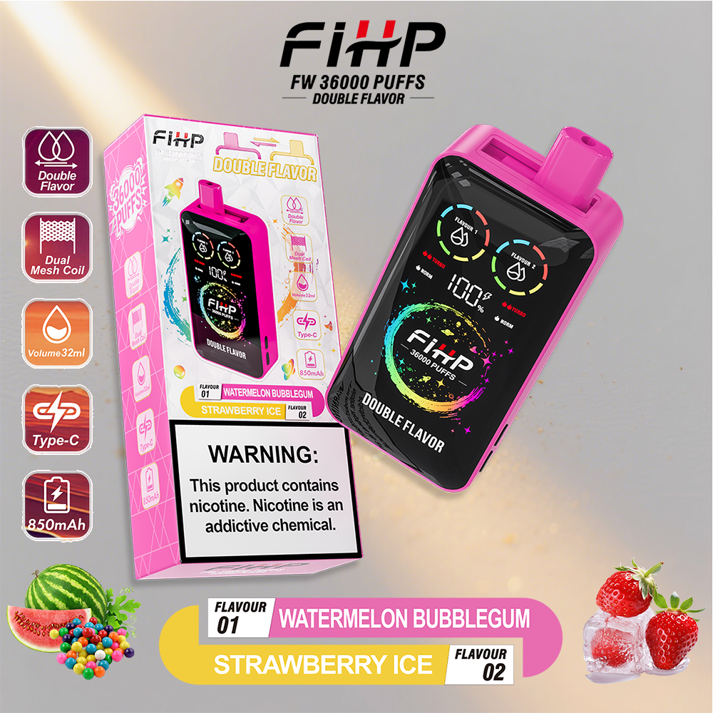 Pink FIHP desechable Vape etiquetado FW 36000 Puffs Double Fabor se muestra con su embalaje de caja rosa, destacando los sabores de chuble de sandía y hielo de fresa y una colorida pantalla en el dispositivo contra un fondo ligero.