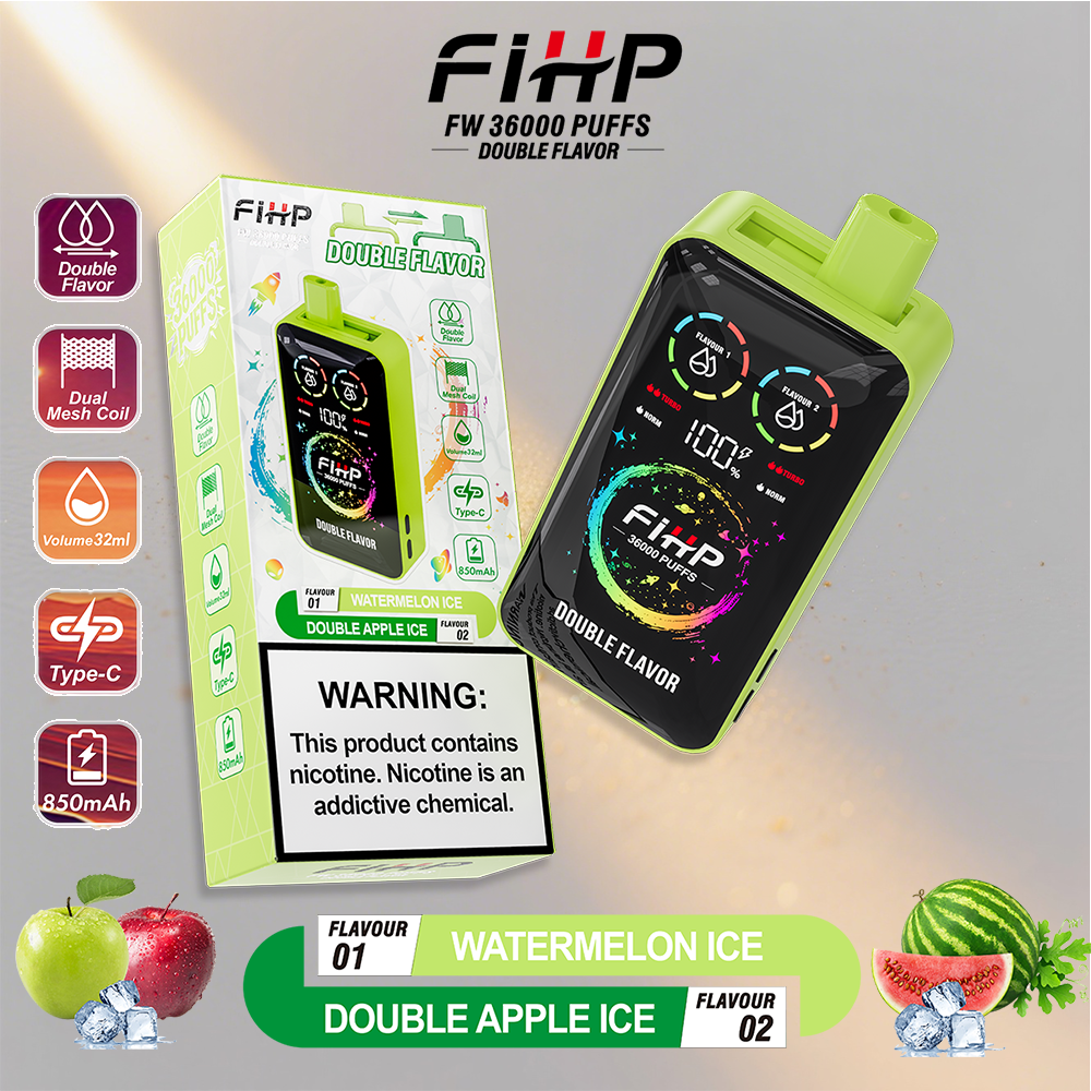 Un dispositivo de vape desechable con una boquilla verde brillante al lado de su caja verde y negra, FIHP FW 3000 Puffs doble sabor, promoviendo hielo de sandía y sabores dobles de hielo de manzana con gráficos coloridos y una señal de advertencia de nicotina.