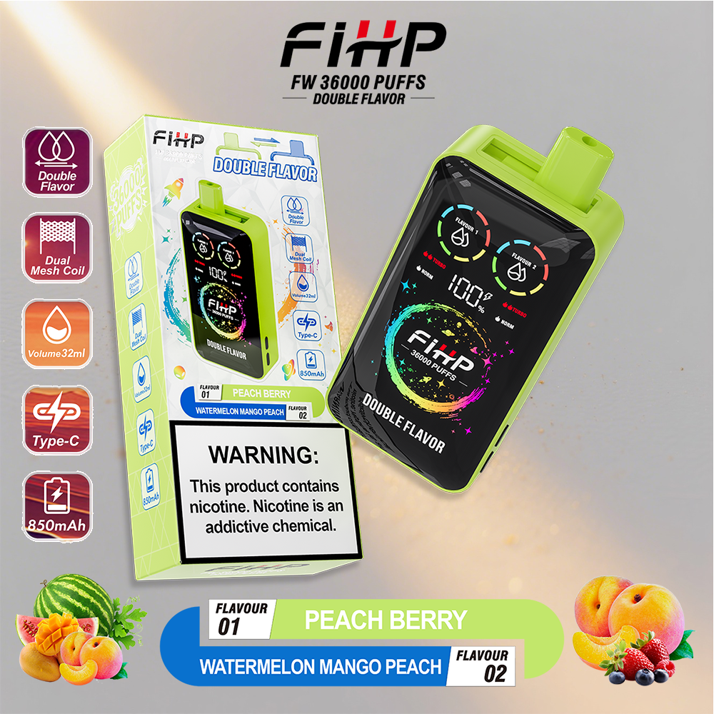 Dispositivo de vapeo de doble sabor FIHP FW 36000 en verde lima con una pantalla negra, que se muestra al lado de su caja, resaltando la bobina de malla dual, la carga de tipo C y la capacidad de 850 mAh, y las etiquetas de sabor son las bayas de durazno y el durazno de mango sandía, con una advertencia de nicotina en el embalaje.