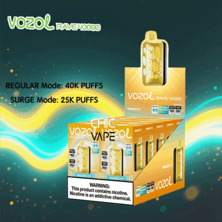 Vozol Rave 40000 disposable vape display with a yellow-gold device and mango ice flavor boxes, featuring bold text that Regular Mode provides up to 40K puffs and Surge Mode up to 25K puffs.