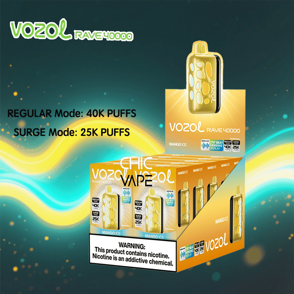 Vozol Rave 40000 disposable vape display with a yellow-gold device and mango ice flavor boxes, featuring bold text that Regular Mode provides up to 40K puffs and Surge Mode up to 25K puffs.