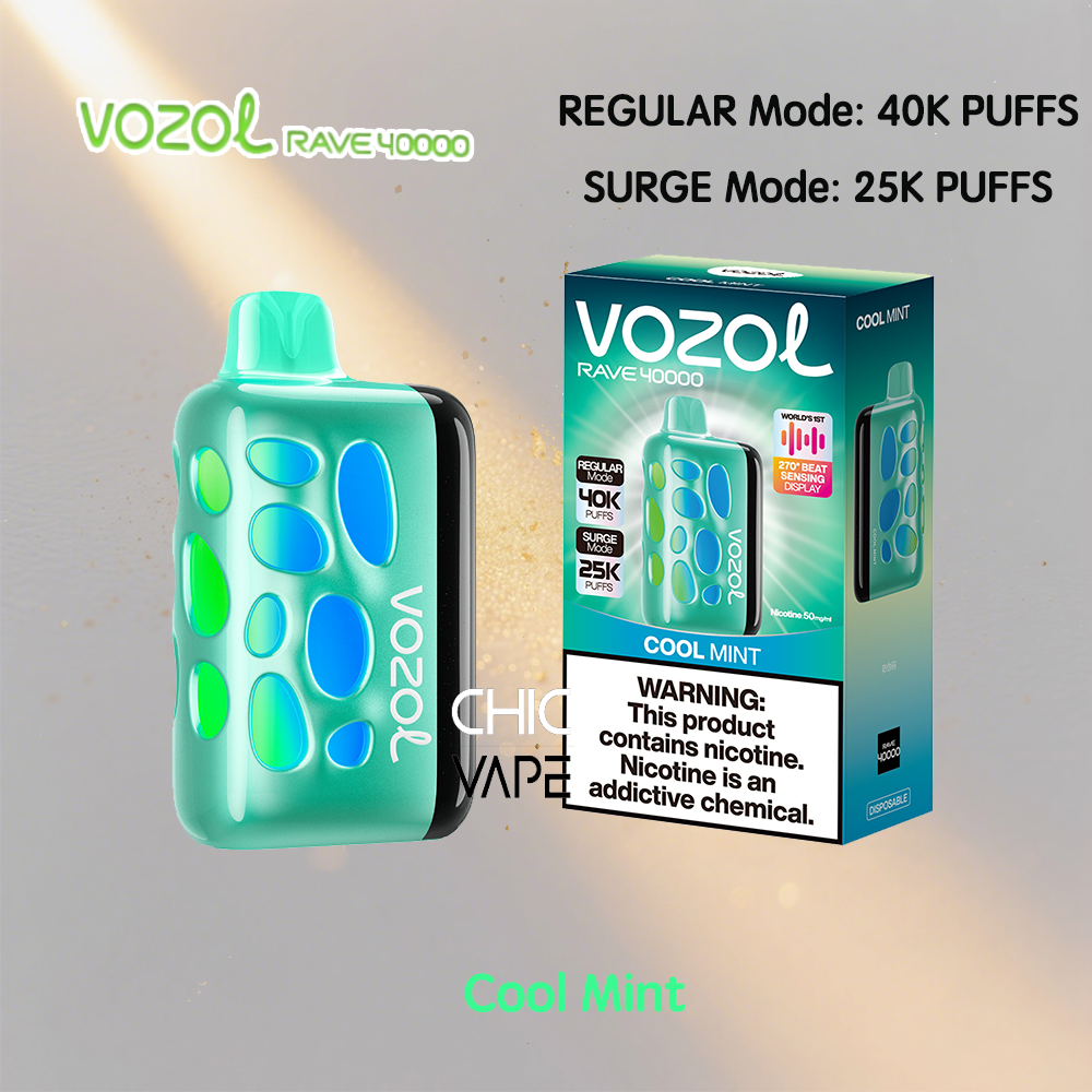 A teal Vozol Rave 40000 disposable vape device with blue and green oval shapes, shown beside its Cool Mint packaging box.