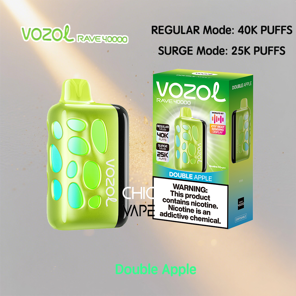Bright green VOZOL Rave 40000 disposable vape with large rounded teal-green buttons, shown beside a Double Apple flavor box that carries a nicotine warning and labels for Regular Mode (40K puffs) and Surge Mode (25K puffs).