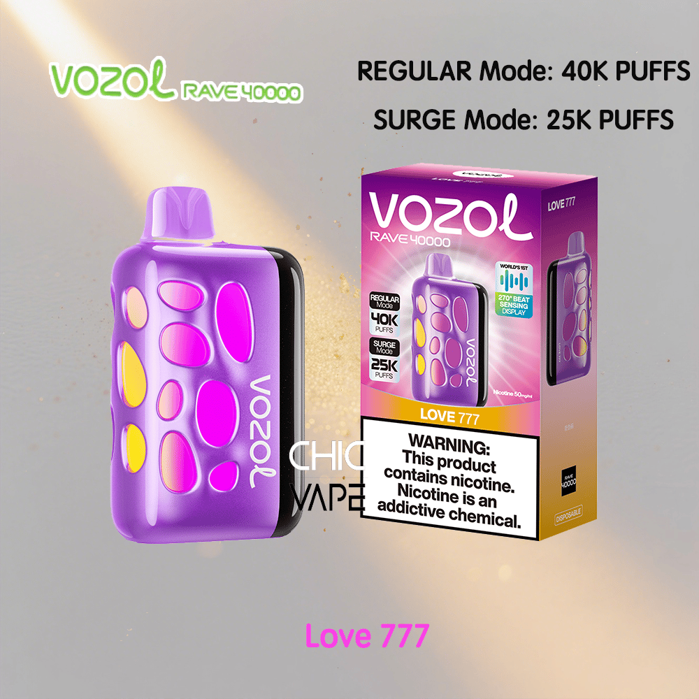 Purple VOZOL Rave 40000 disposable vape device with pink circular accents next to a Love 777 box, displaying regular mode 40K puffs, surge mode 25K puffs, and a nicotine warning.